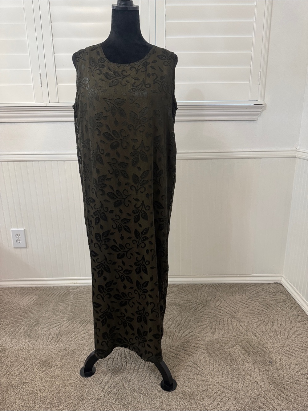 Sleeveless Dark Olive Green/Black Silk Floral Maxi Dress